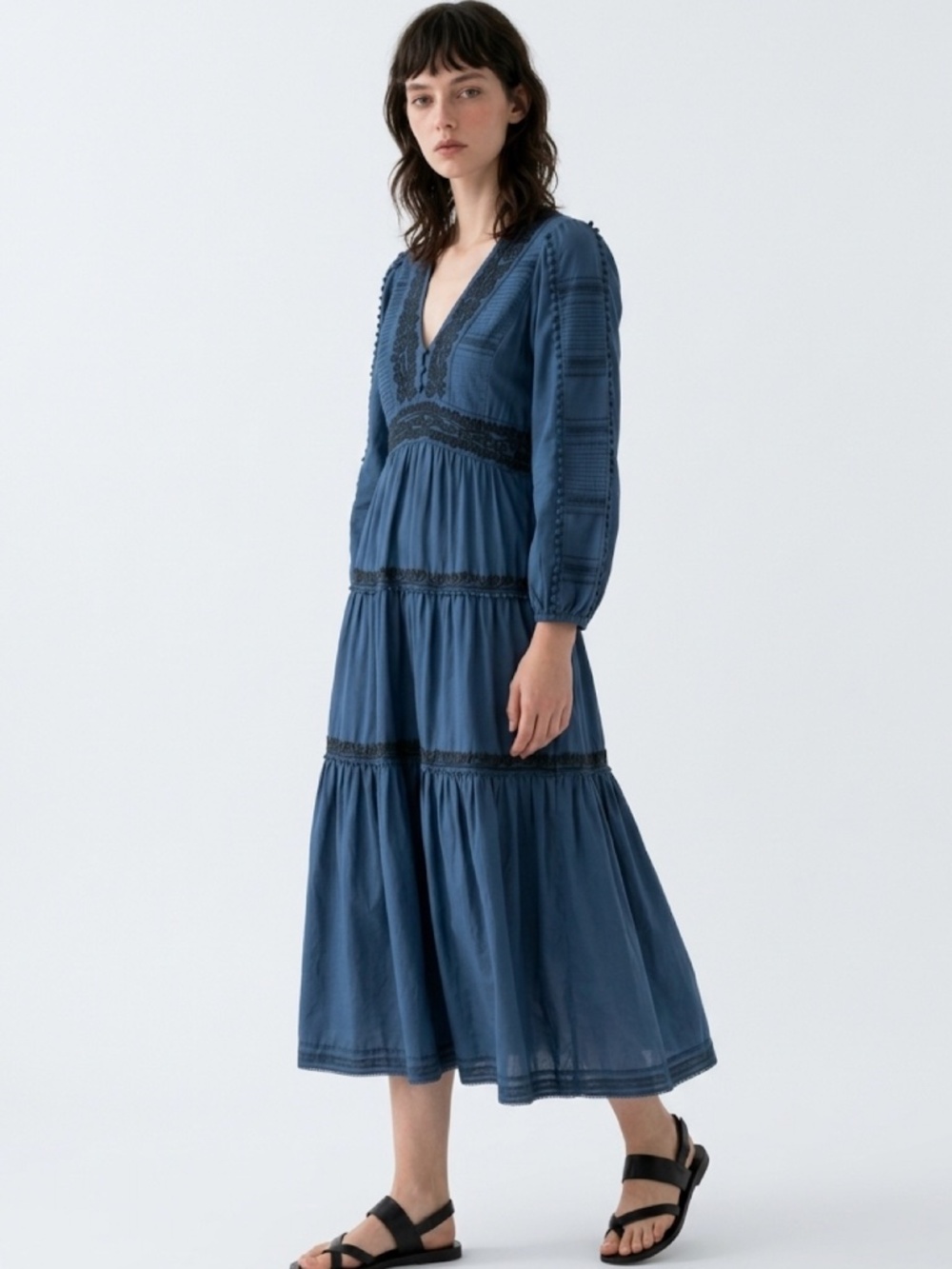 Sea New York - Navy Embroidered Boho Midi Dress Size 4 NWOT